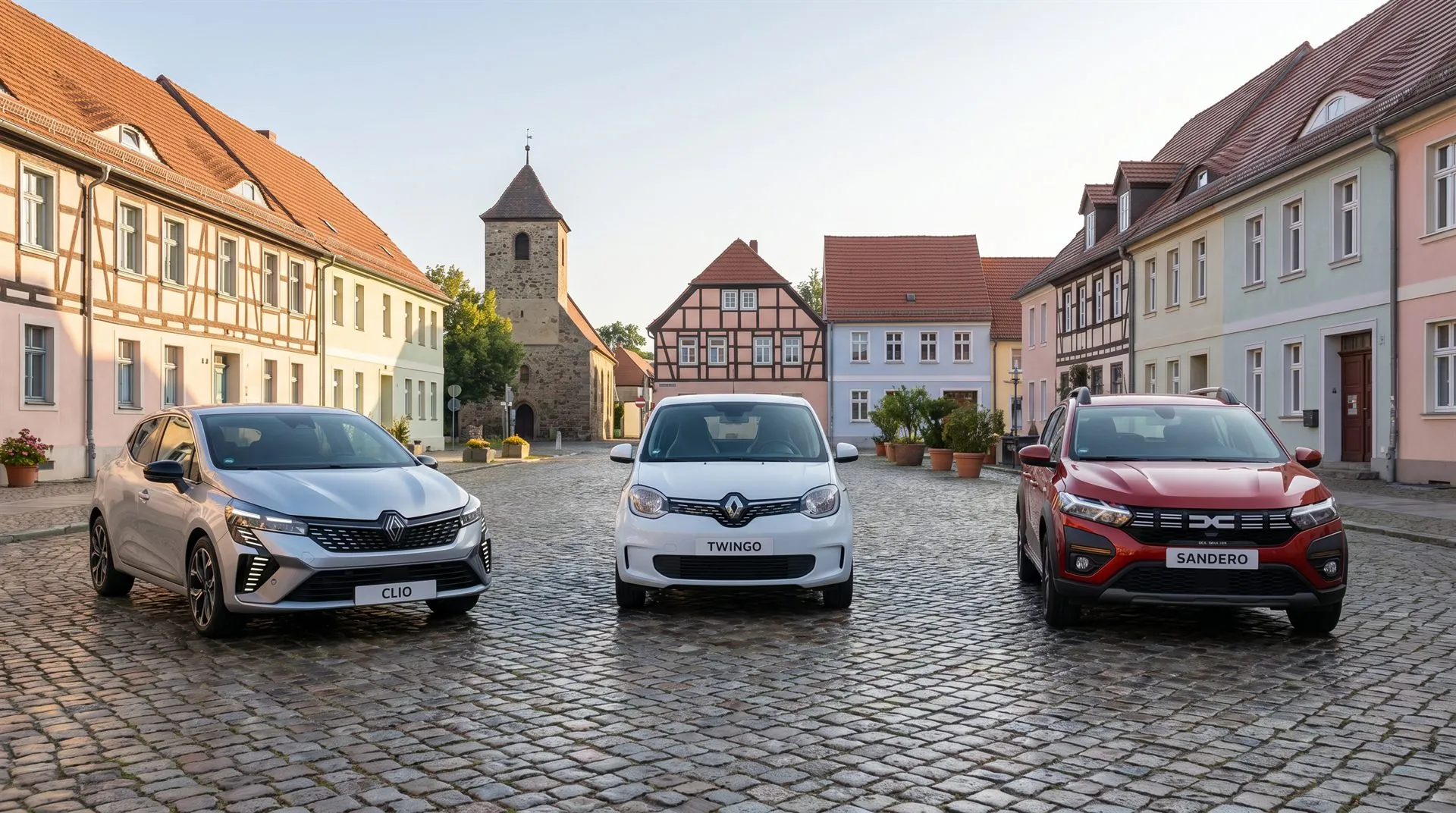 Kleinwagen und Kompaktmodelle von Renault und Dacia vor dem Autohaus Krüger